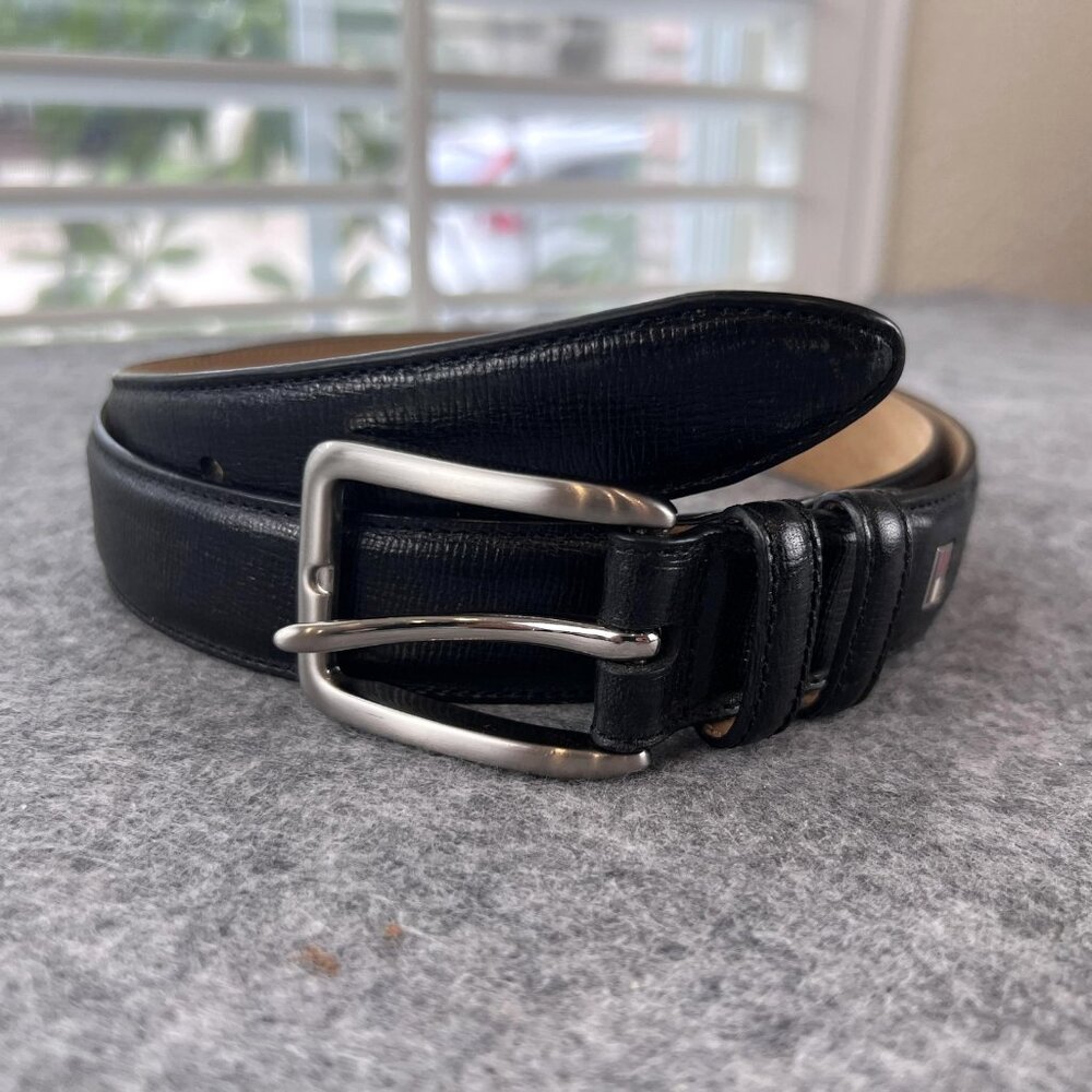 Tommy Hilfiger Mens Belt Black Leather Silver Buckle Dress Classic Formal Preppy - Picture 2 of 10